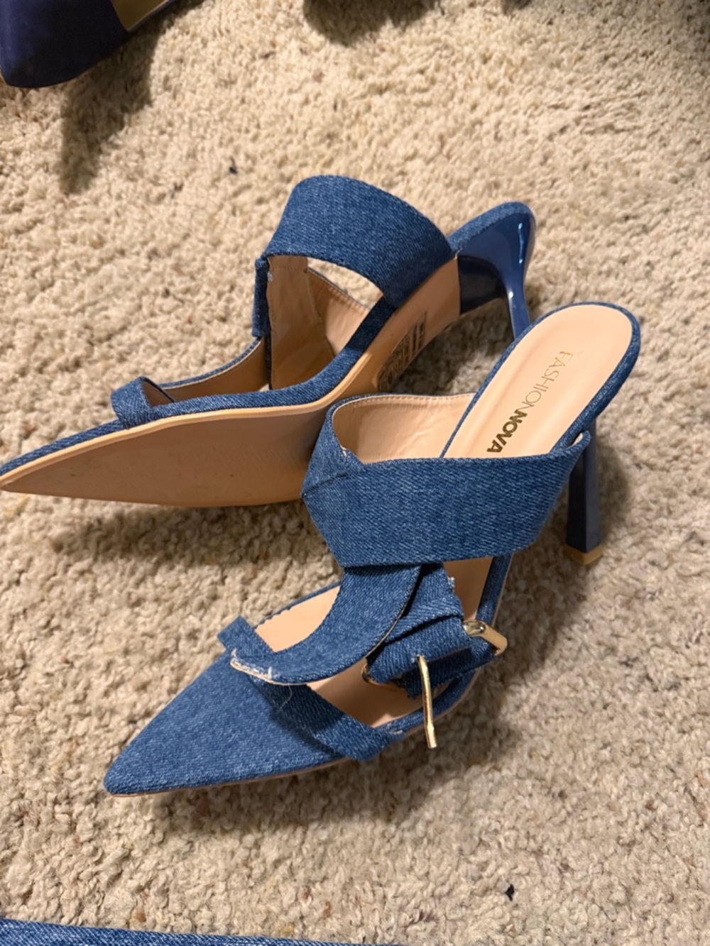Fashion Nova Blue Denim Cross-Strap Pointed Mules - Picture 2 of 5